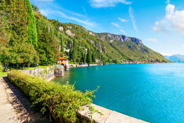 The coastline of the picturesque and colorful village of Varenna, Italy, on the shores of Lake Como...