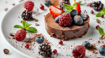 Front view of a delicious chocolate dessert decorated with fresh fruits and mint leaves on white table