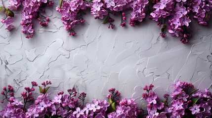 a floral backdrop, showcasing lilac flowers arranged on a white grunge wood background, offering ample copy space and a view from above, perfect for Mother's Day, Birthday, or Easter.