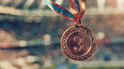 Close-up of a bronze medal against the background of a blurred stadium at the Olympic Games, award at the championship or Olympics for 3rd place, bronze medal - obrazy, fototapety, plakaty
