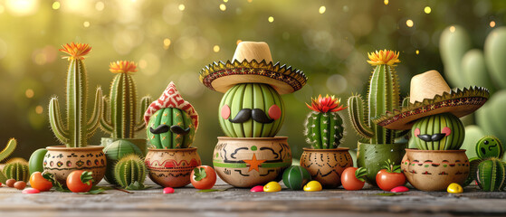 Naklejka premium a cactus-themed photo booth with props like sombreros and mustaches for Cinco de Mayo, banner wallpaper