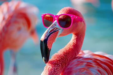 A pink flamingo wearing summer sunglasses against a vibrant and colorful summer background