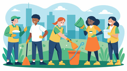 Naklejka premium A team of martial artists volunteering at a citywide cleanup event showcasing the values of respect and responsibility that they have learned