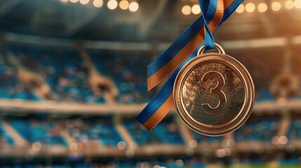 Close-up of a bronze medal against the background of a blurred stadium at the Olympic Games, award at the championship or Olympics for 3rd place, bronze medal