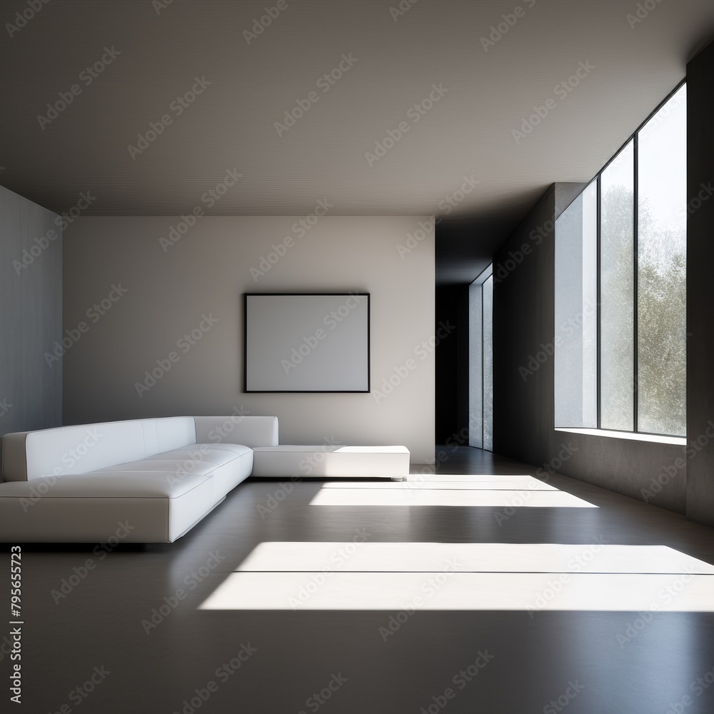 Poster modern white interiors with empty room, floor walls, carpet windows, sunlight shadows, wall background, 3d rendering