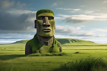 A massive Moai wrapped in verdant grass loomed before the journeyer. - obrazy, fototapety, plakaty