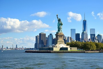 The beautiful  New York skyline featuring the Statue of Liberty, Ai generated