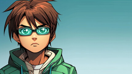 A young man with glasses and a green jacket is standing in front of a blue background. The image is of a comic book character, and the mood is serious and focused