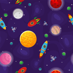 Naklejka premium Space cartoon seamless pattern. Cute design for