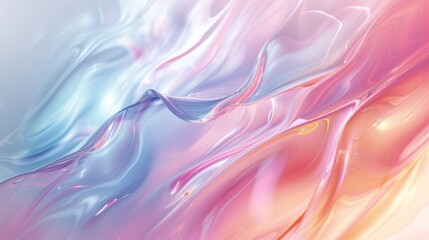 Fluid abstract design with glossy waves of pink, blue, and orange merging in a delicate dance, background - obrazy, fototapety, plakaty