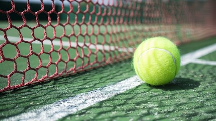 Tennis ball against net on court with selective focus. Sports equipment and court detail for tennis matches and training concept