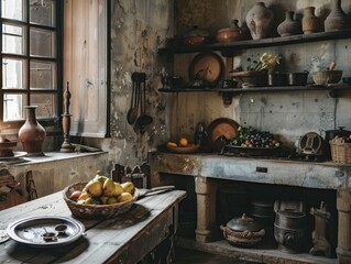 Rustic kitchen with natural light and vintage decor.