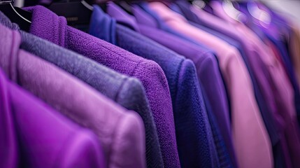 Obraz premium a rack adorned with clothes in various shades of purple against a pristine white background, inviting viewers into the world of style and sophistication.