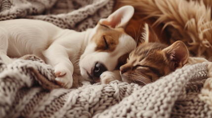 An endearing moment as a puppy and kitten share a peaceful nap, entwined in a soft knit blanket. Generative AI