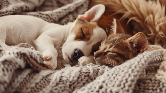 An endearing moment as a puppy and kitten share a peaceful nap, entwined in a soft knit blanket. Generative AI