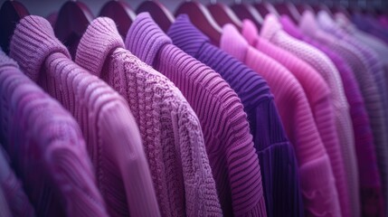Obraz premium a rack adorned with clothes in various shades of purple against a pristine white background, inviting viewers into the world of style and sophistication.