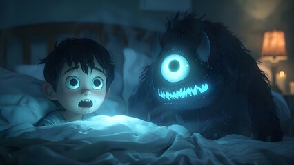 A frightened child in bed with a monster lurking in the darkness. Concept Scary, Dark, Childhood Fears, Imagination, Nightmares