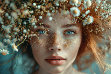 Ethereal female portrait with a floral headpiece. Generative AI image