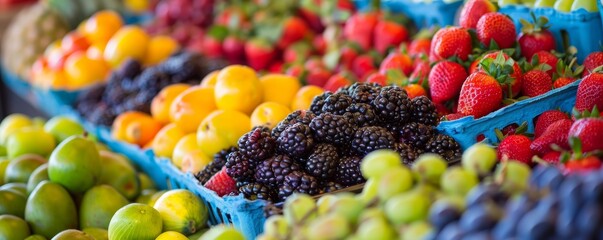 Assorted berries and fruits displayed in baskets at a farmers' market. Healthy eating and nutrition concept