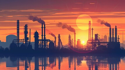 Fototapeta na wymiar Industrial silhouette of oil refinery at sunset with reflections on water. Environmental pollution concept