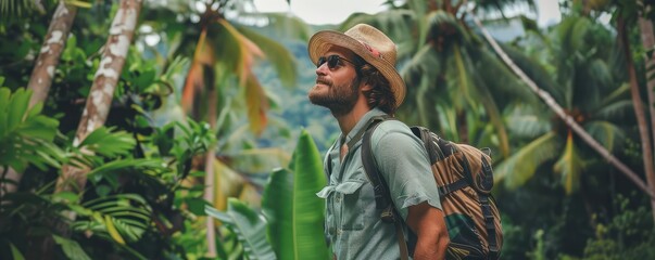 A nice young man travelling in the jungle. Tropical primeval forest. - obrazy, fototapety, plakaty