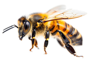 A stunning bee is flying, isolated on white background. A macro shot of an incredible pollinator.