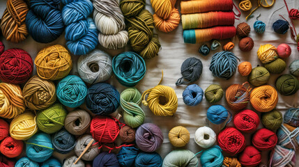 Assorted colorful yarn balls on neutral background