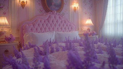 Naklejka premium A bedroom with a neatly made bed, purple flowers in a bunch on it, and two lamps flanking each side