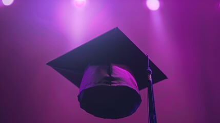 Graduation cap with purple lighting. Close-up studio shot with vibrant colors. Education and celebration concept