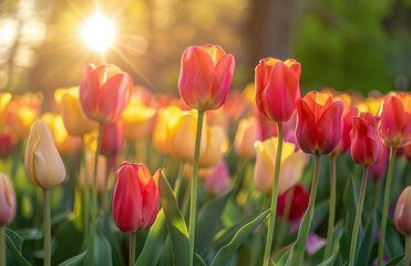  tulips in full bloom, with colorful petals swaying gently under the sun's warm rays