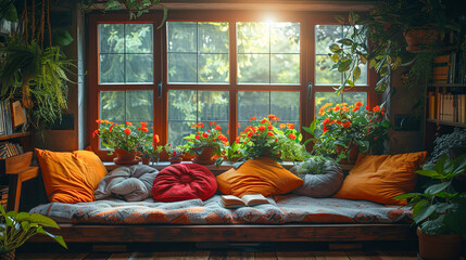 Interior of cozy living room with orange pillows, cushions and flowers in pots.