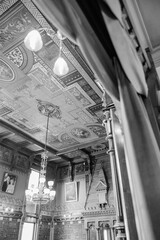 historical mansion in black and white