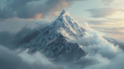 A majestic mountain peak piercing through clouds. - obrazy, fototapety, plakaty