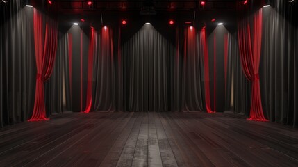 A dark room with red curtains and a stage
