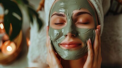 Woman enjoying facial clay mask at spa.