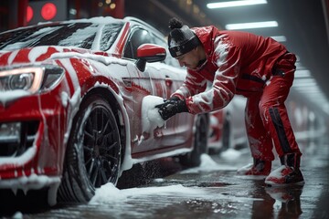 Worker hand-washing a sports car in detail