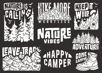 Collection of vector graphics with wilderness and camping themes, perfect for nature enthusiasts. Sticker pack travel for camping. Set for nature hiking and camp. T-shirt print