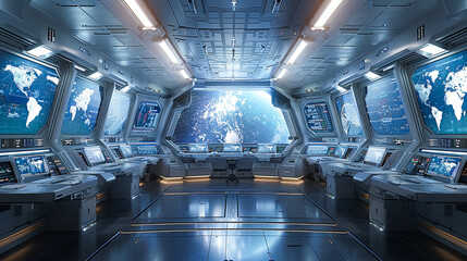 Spaceship interior with view on the world map 3D rendering