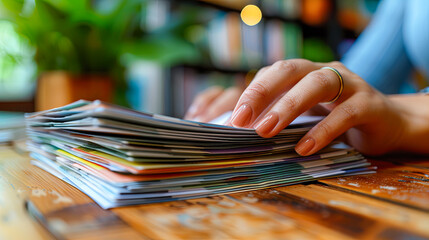 Closeup of woman hands holding stack of magazines at table in library - obrazy, fototapety, plakaty
