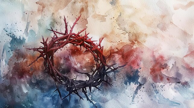 watercolor illustration of a crown of thorns on an abstract background symbolizing sacrifice and divine love in christianity