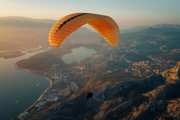 Glowing sunset hues backlight a paraglider soaring over coastal landscapes and urban scenery