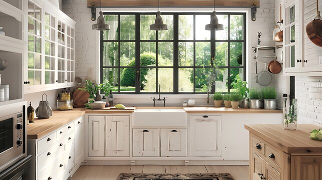 A modern farmhouse-style kitchen with white shaker cabinets, butcher block countertops, and a farmhouse sink, paired with industrial-style pendant lights and vintage-inspired decor