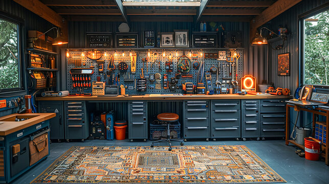 Interior of a repair shop with tools and equipment in the garage