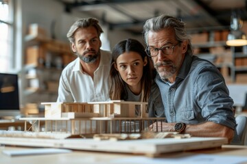 A diverse team of architects huddle over a wooden architectural model, showing teamwork and engagement