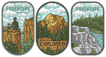 Set of three adventure-themed badges featuring stickers of camper, majestic mountains, and rocky, forest, river. Sticker pack travel for camping. Collection for nature hiking and camp. T-shirt print