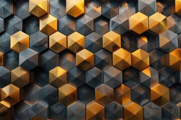 A wall of gold and black hexagons. The wall is made of metal and has a modern look