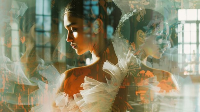 Evocative double exposure image blending a ballerina and fiery abstract elements in a compelling visual metaphor