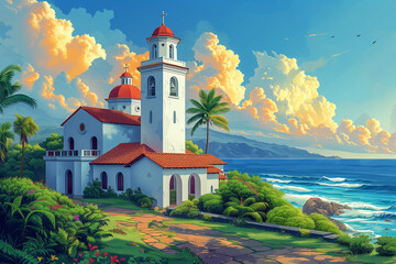 Bask in the coastal serenity of this illustration depicting a tranquil Costa Rican church by the sea, amidst a sunset glow. - obrazy, fototapety, plakaty