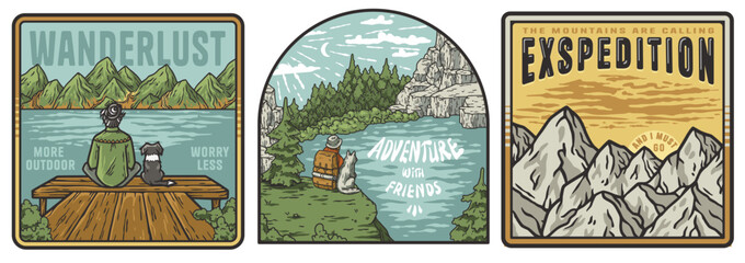 Set of three vintage-style sticker pack or posters promoting outdoor adventures, featuring illustrations of camping, mountain landscapes, and companionship in nature with inspirational travel quotes