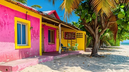 Brightly Colored Caribbean Bungalow with Pink and Yellow Walls, Sandy Beachfront,